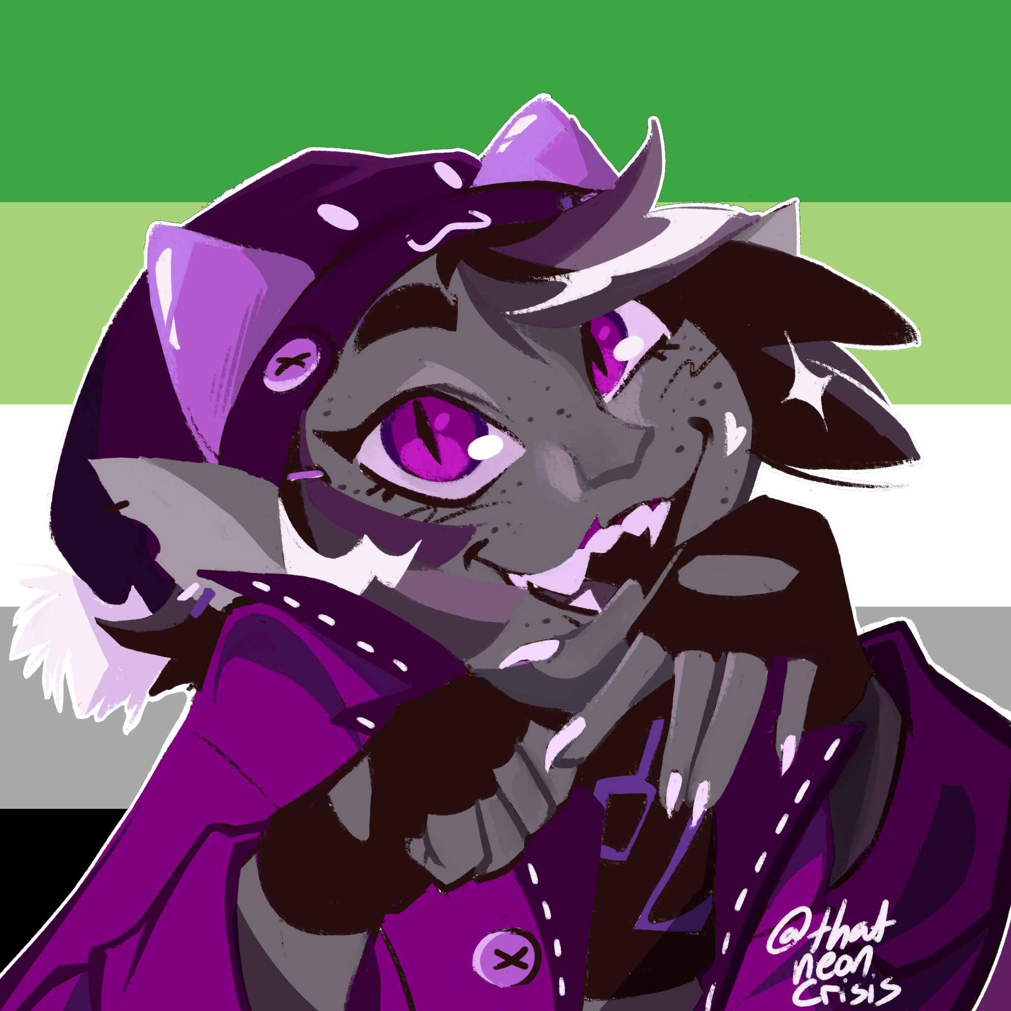 Nepeta Leijon drawn with the asexual flag pallete in front of the aromantic flag, Homepage Button